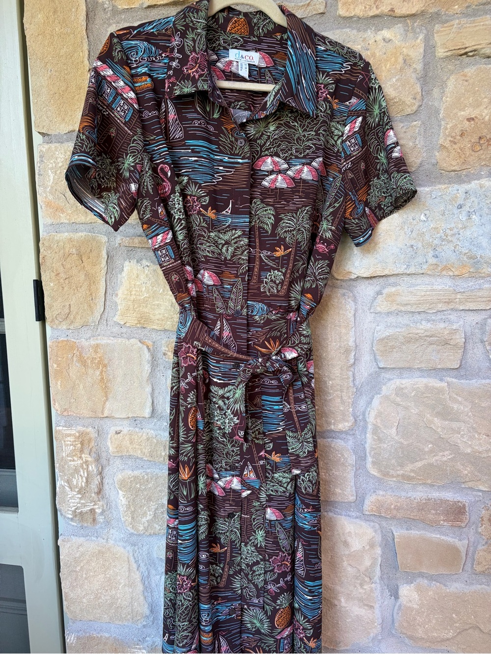 Daco Brown Tropical Print Midi Shirt Dress with Self-Tie Waist